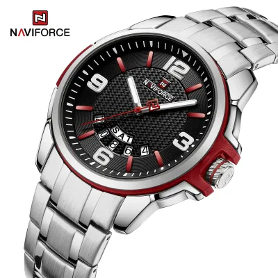NAVIFORCE 9215 Men Wristwatch Top Brand Luxury Waterproof Watch Original Stainless Steel Sport Military Quartz Male Clock - Silver Black Red